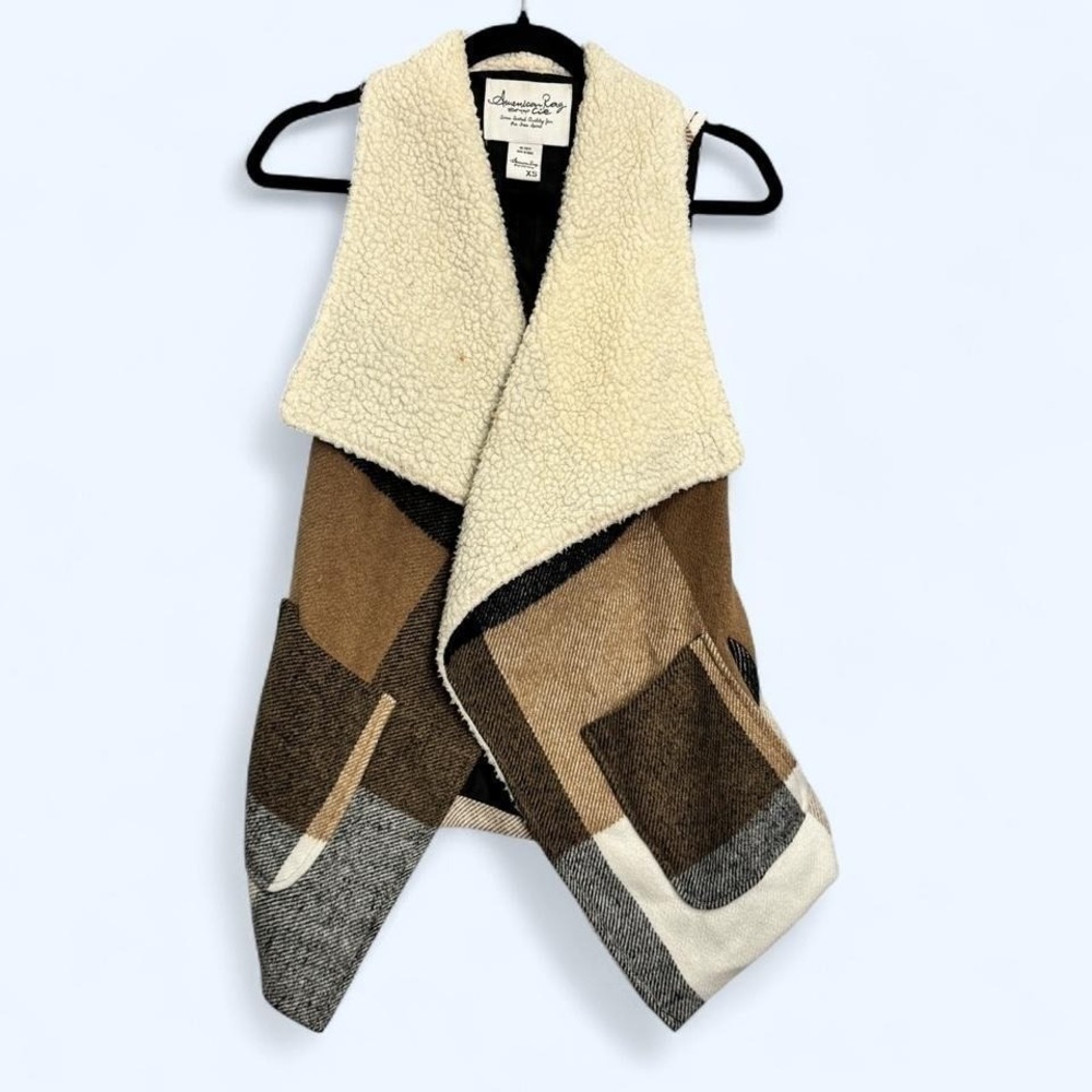 American Rag Sherpa Teddy‎ Lapel Vest Plaid Draped Open Front Cozy Boho Sz XS